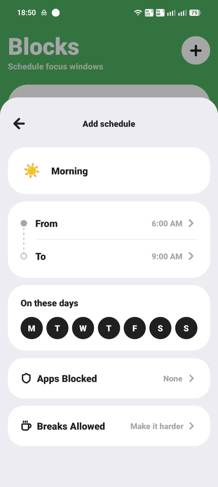 ScreenPup add schedule screen for morning focus from 6 AM to 9 AM.