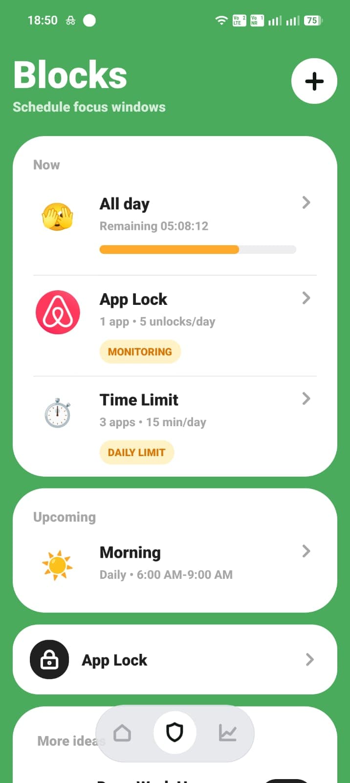 ScreenPup blocks screen with current blocks and upcoming schedules.