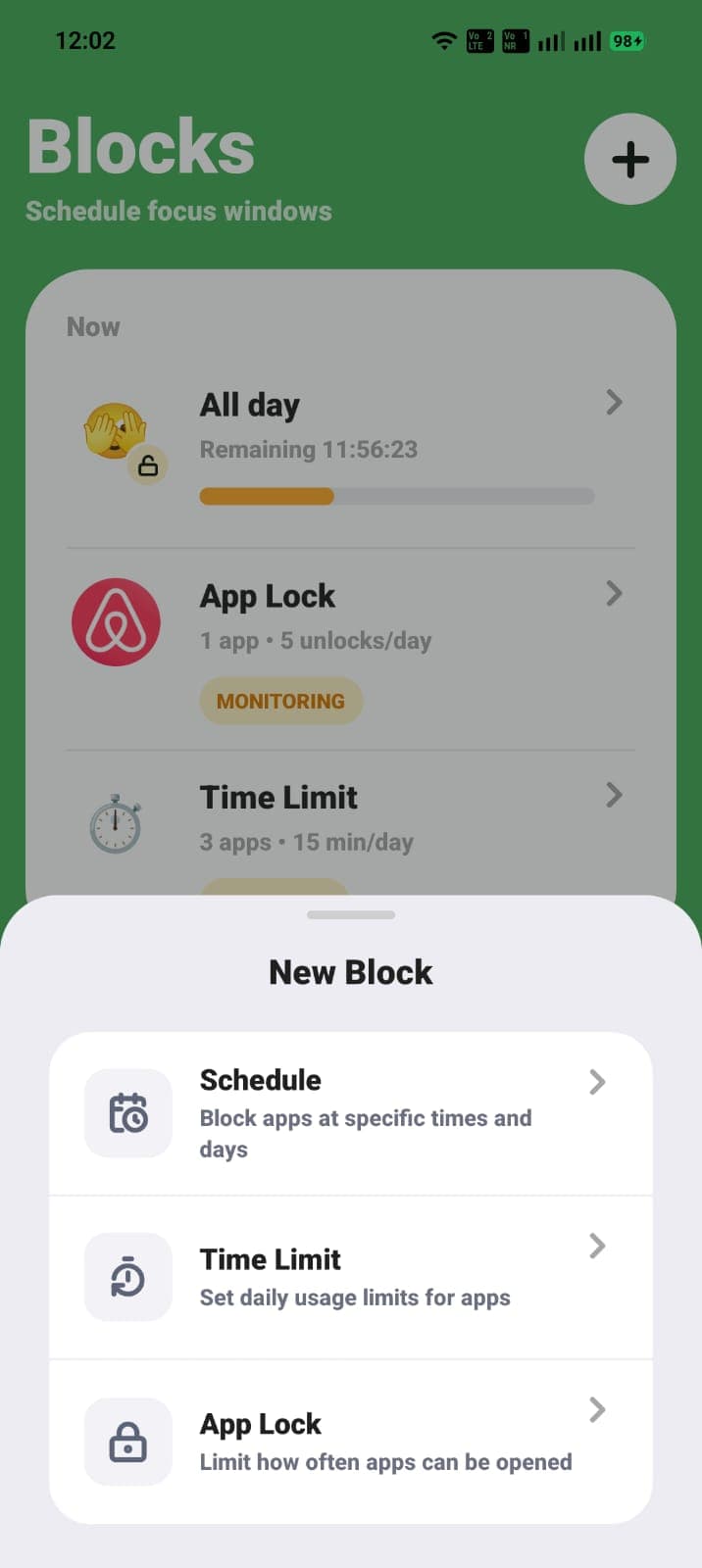 ScreenPup setup for selecting apps and creating a daily app time limit.